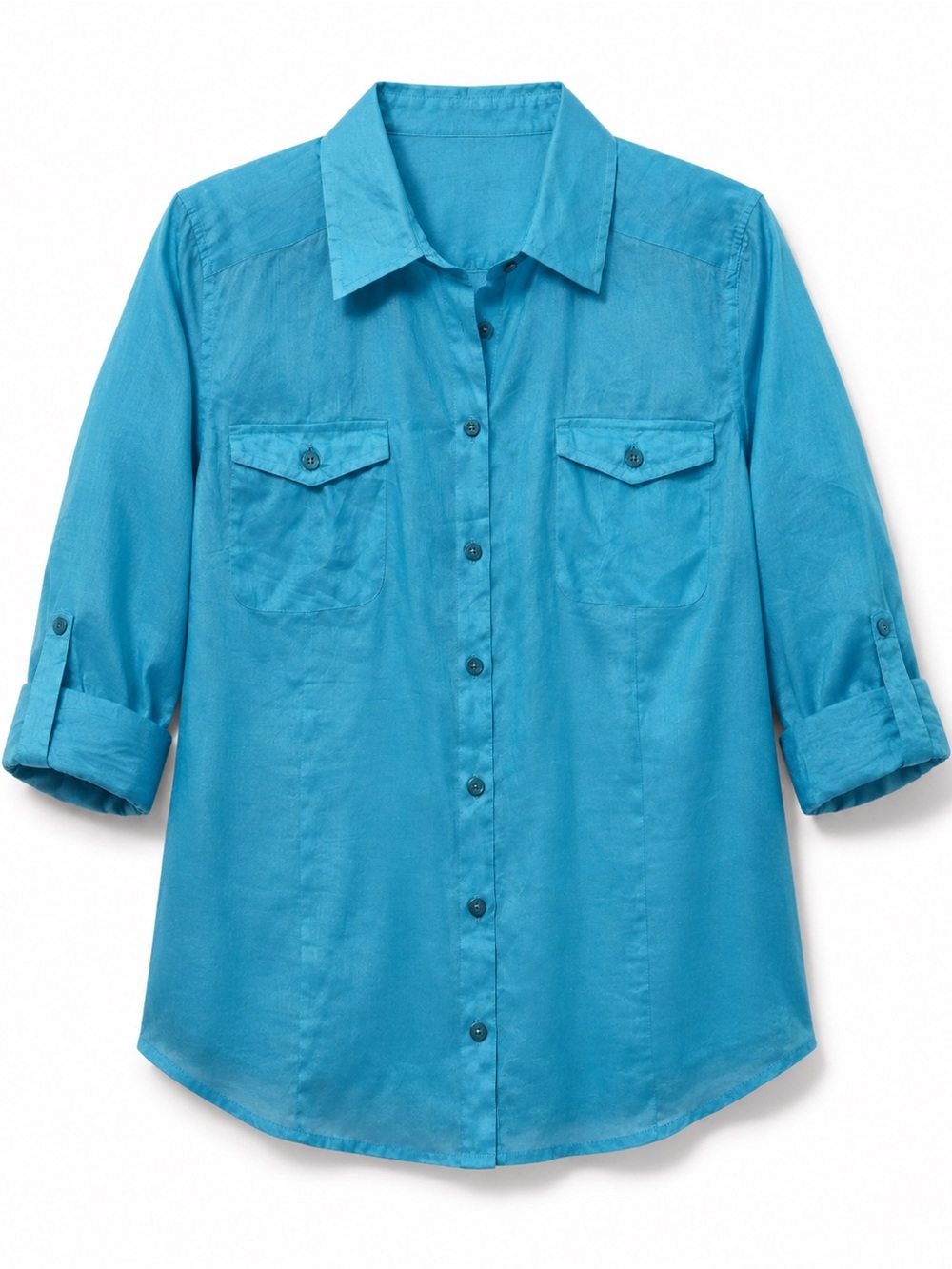 Chico’s Size 2 Turquoise Ramie Cotton Button Down Roll Tab Shirt